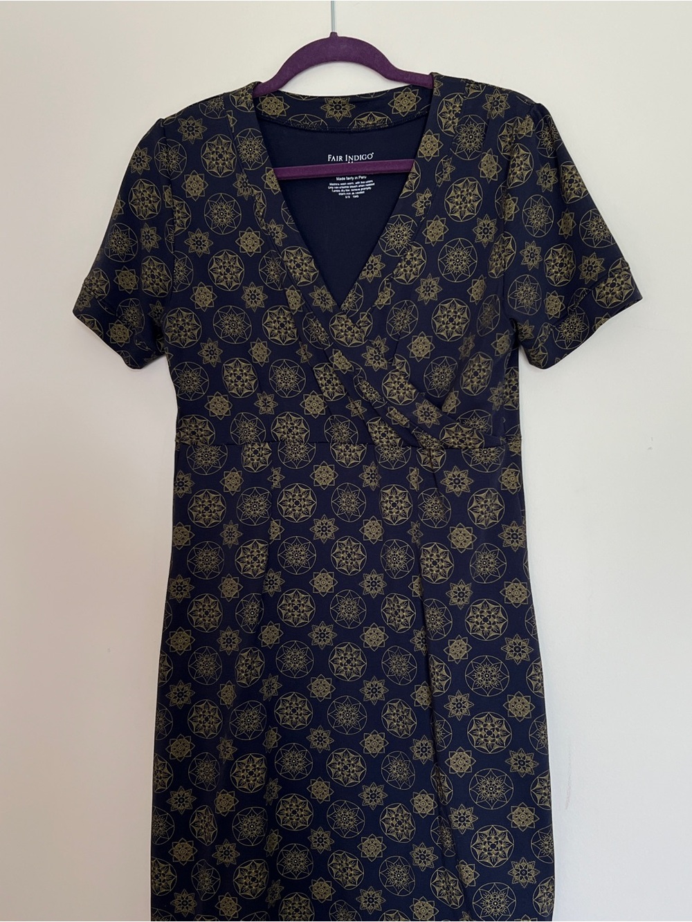 Fair Indigo Organic Pima Cotton Navy Midi Dress with Gold Geometric Print